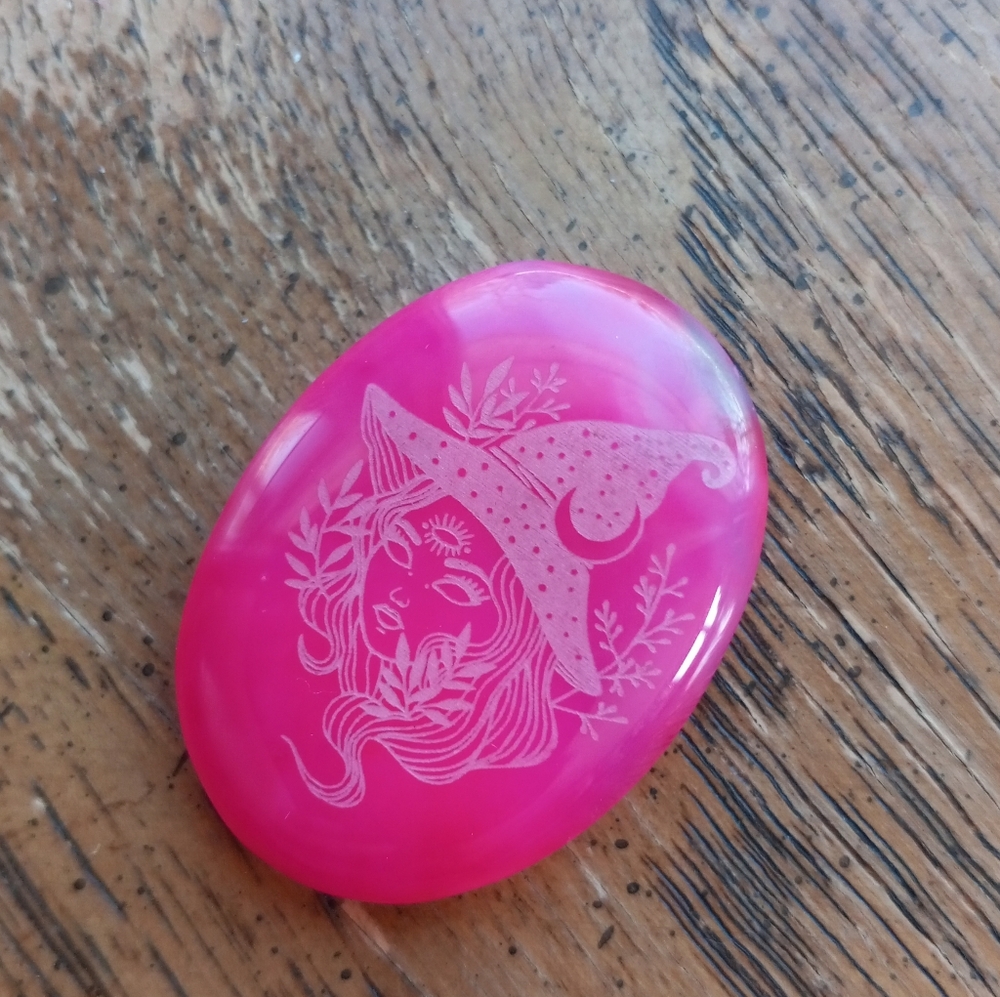 Witch Engraved Pink Agate Crystal Palmstone In Case!!!